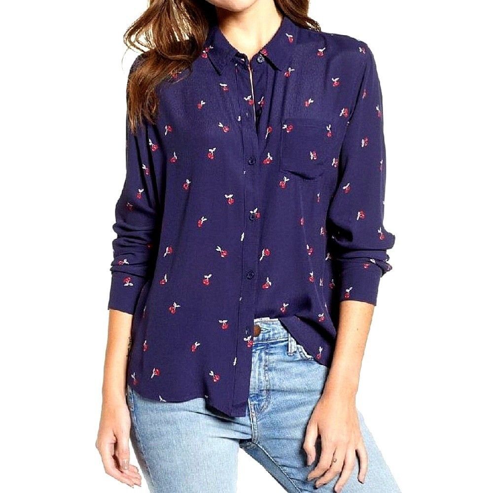Anthropologie Rails Womens Kate Navy Cherries Long Sleeve Button Down Blouse